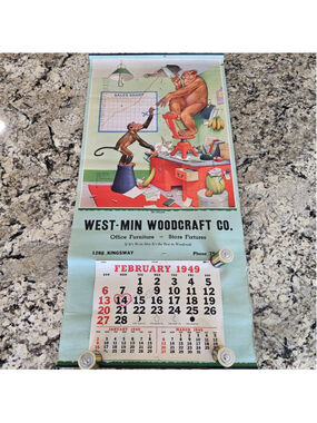 Vintage 1949 West-Min Woodcraft Co Advertising Calendar Lawson Wood Monkeys 33"